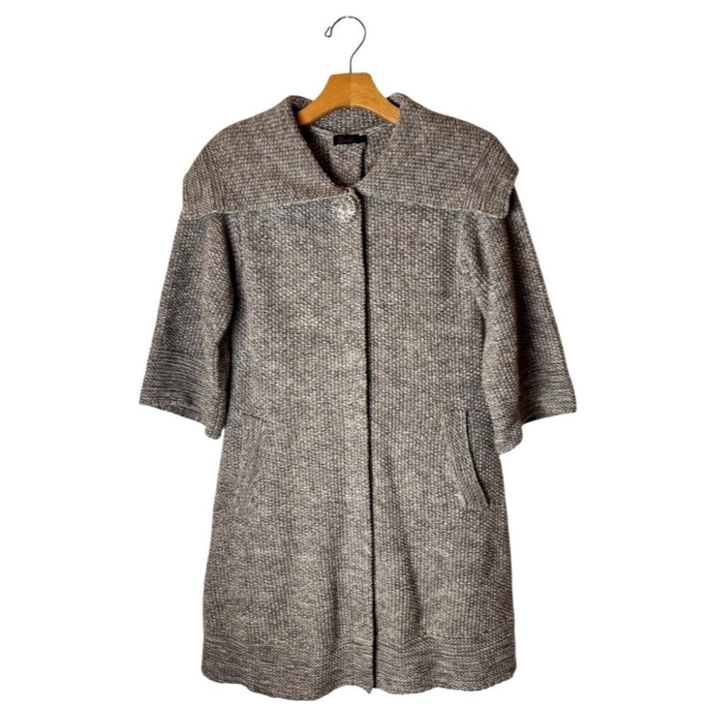 Bask Sweater Women Small Brown Ivory Knit Collared Snap Long Line Cardigan‎
